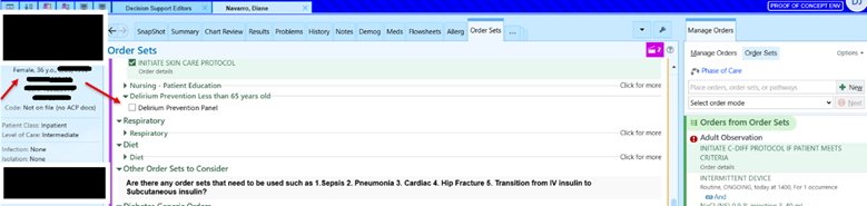 2 Screenshot of prevention panel within select order sets for patients younger than 65 years.