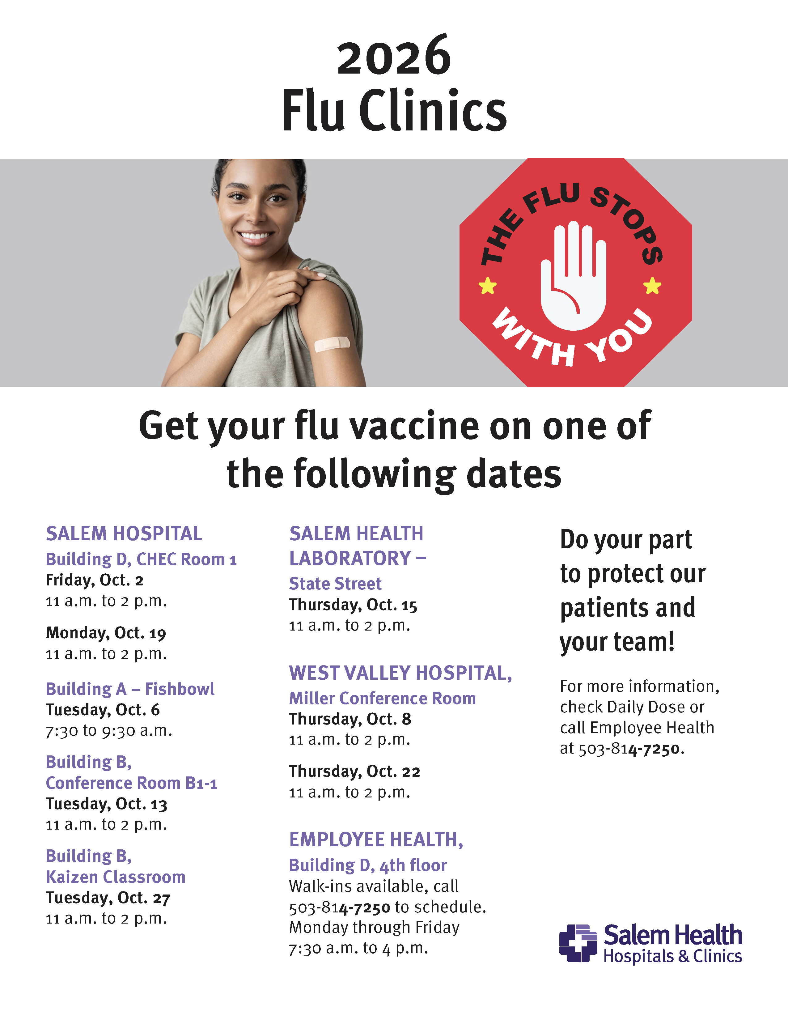 Flu clinic flyer with dates, times and locations.