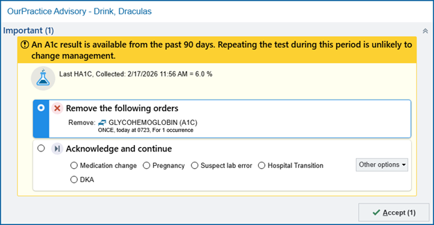 Screenshot of an OurPractice Advisory window