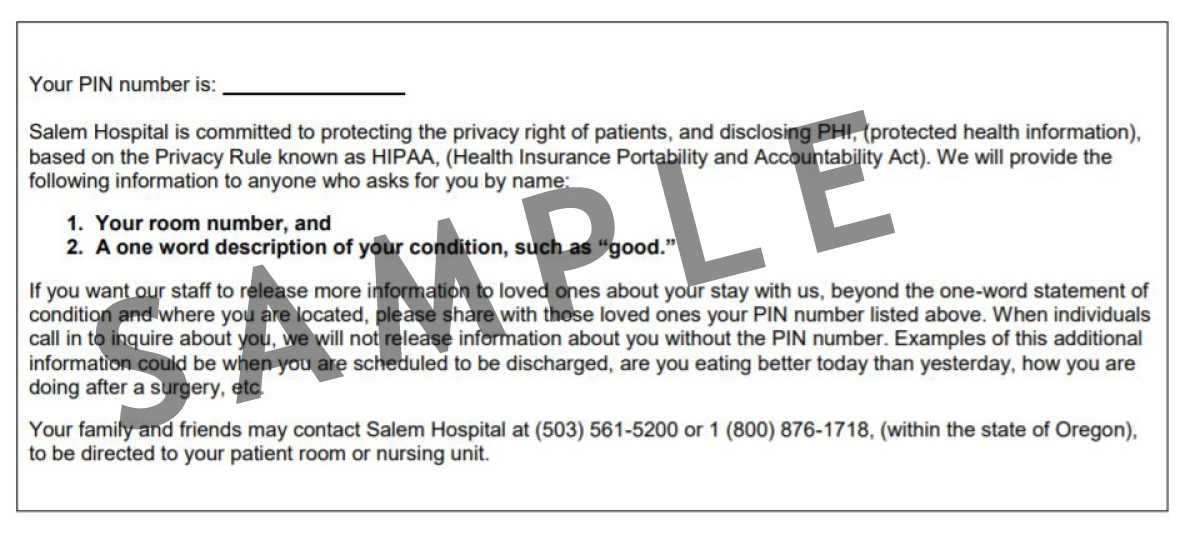 PIN form PIN form example for SNI patients in the patient guide