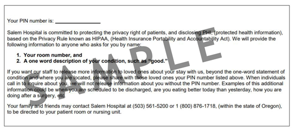 PIN form PIN form example for SNI patients in the patient guide