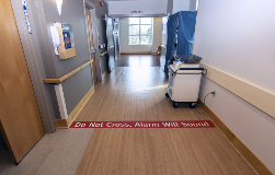 Security alarms are triggered if newborns are taken across this line at Salem Hospital Family Birth Center