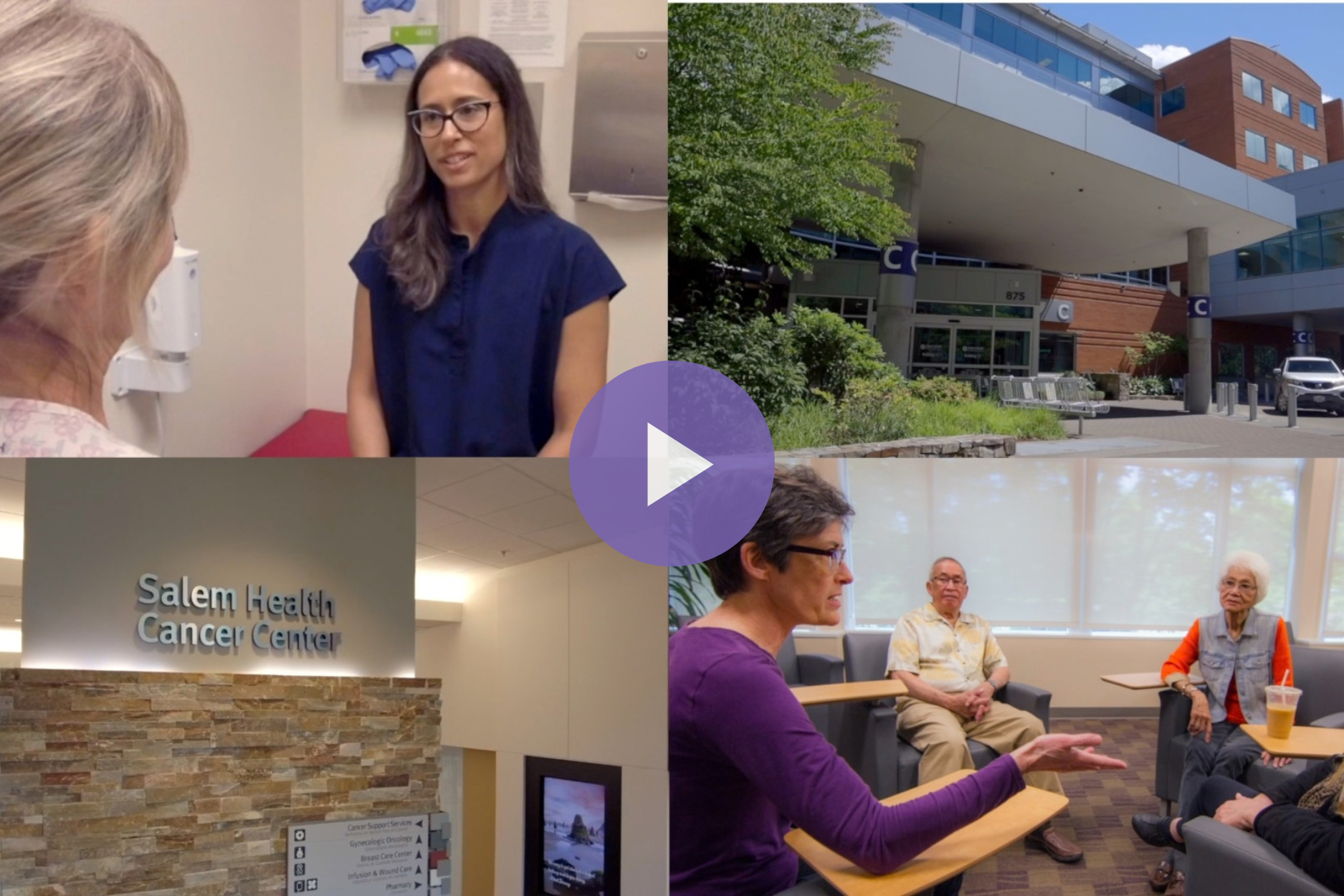 Collage of four photos showing a doctor meeting with a patient, exterior of Building C, Cancer Center lobby, and a cancer support group meeting