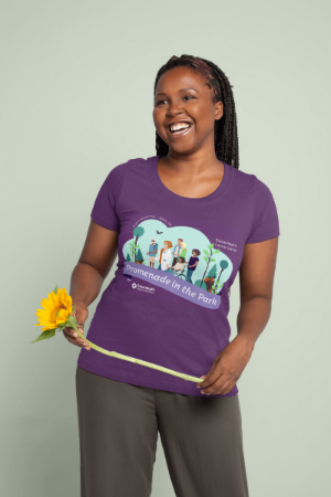 Woman wearing the Promenade in the Park t-shirt