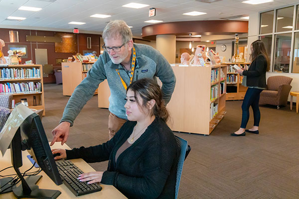 Librarian helping a visitor