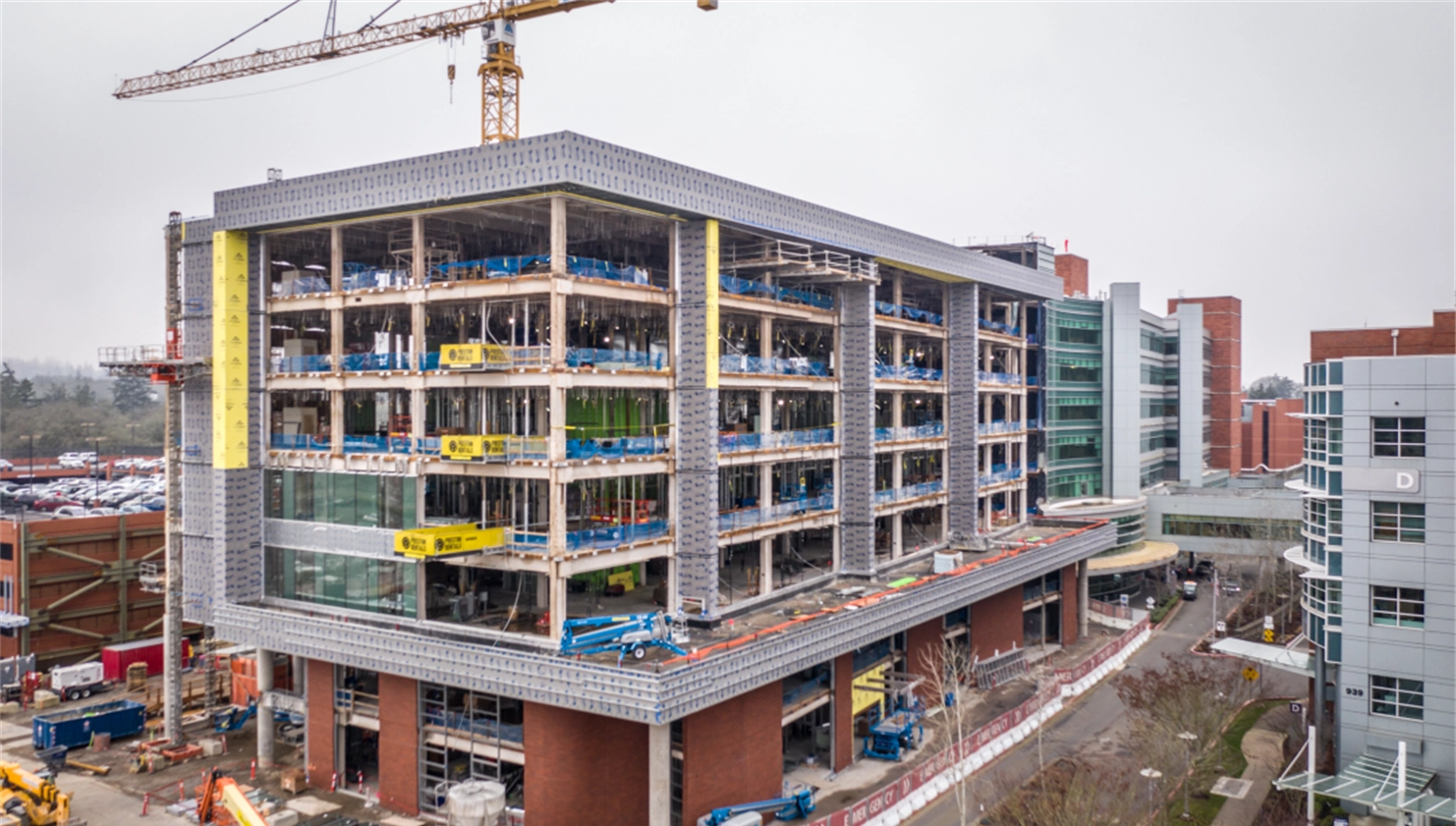 Angled view of Building A exterior facade taking shape in January 2021