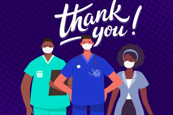 Cartoon image of health care workers saying Thank You.