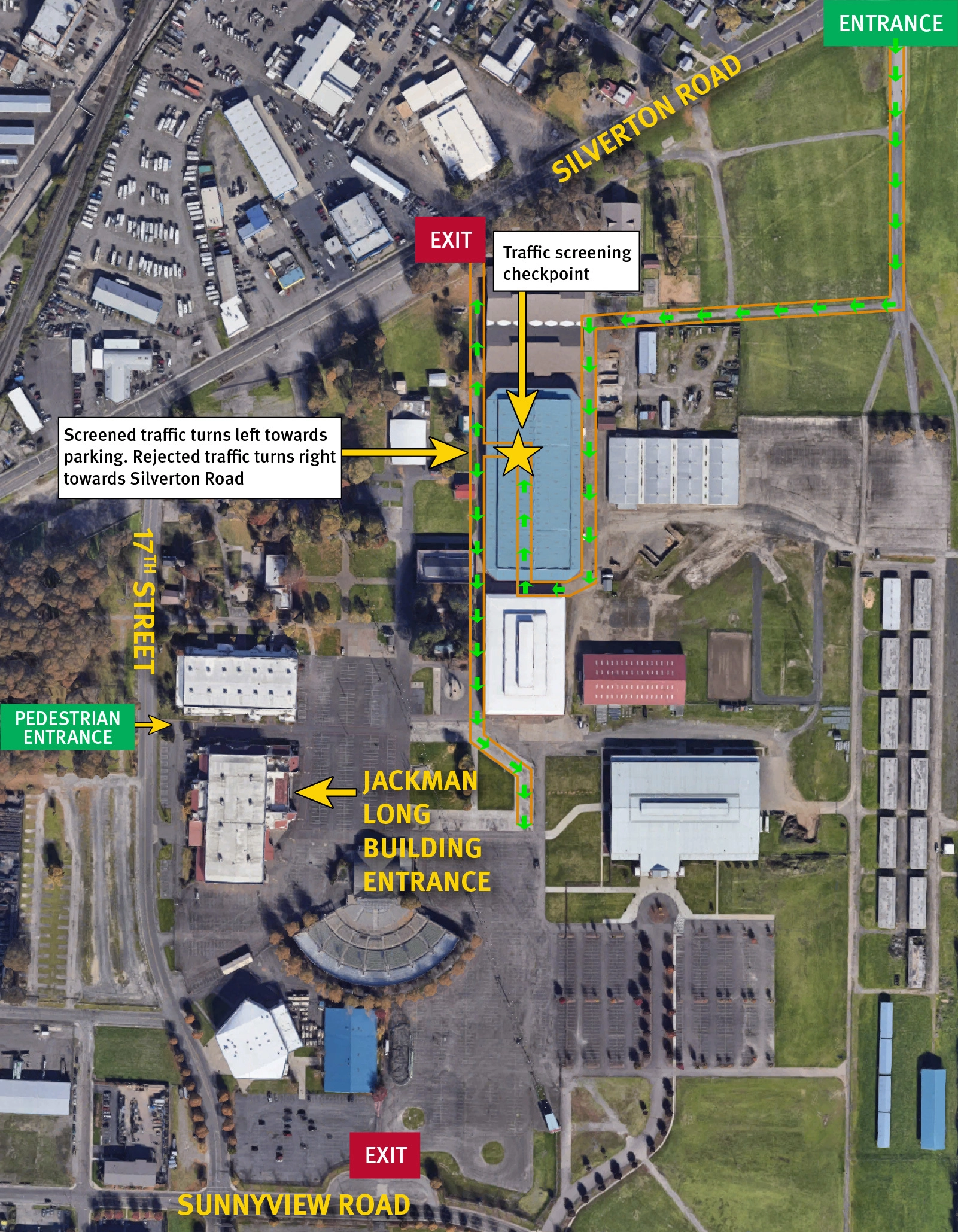 Aerial view of Oregon State Fairgrounds showing entrance and exit for vaccine clinic.