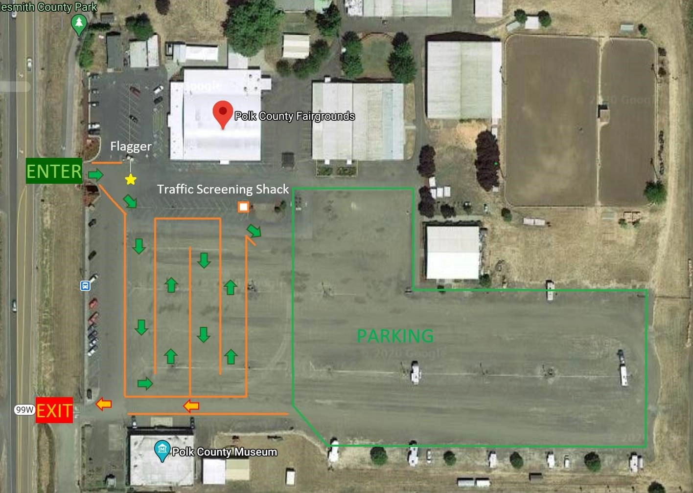 An aerial view of the Polk County Fairgrounds, show entrances and exits for the vaccine clinic.