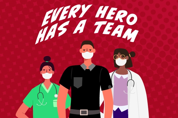 Health care workers standing like superheroes