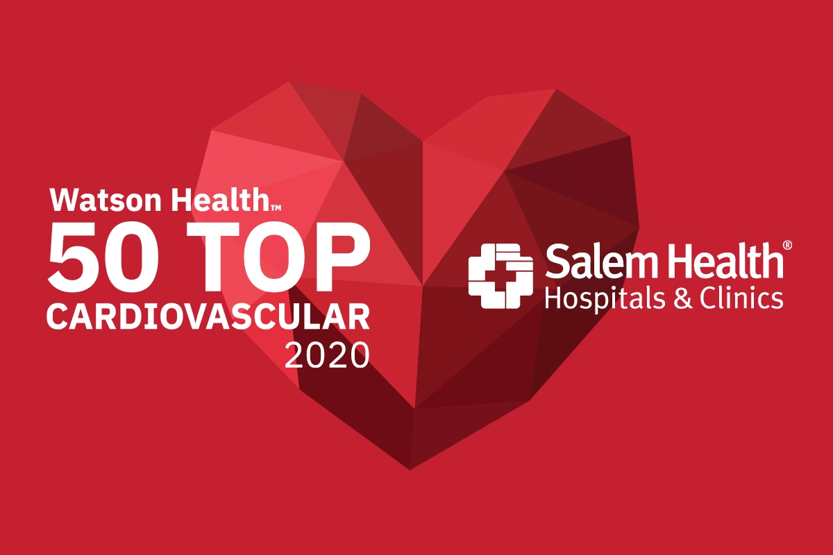 Graphic in red - Salem Health Hospitals and Clinics Watson Health 50 Top Cardiovascular 2020  for the 5th time.