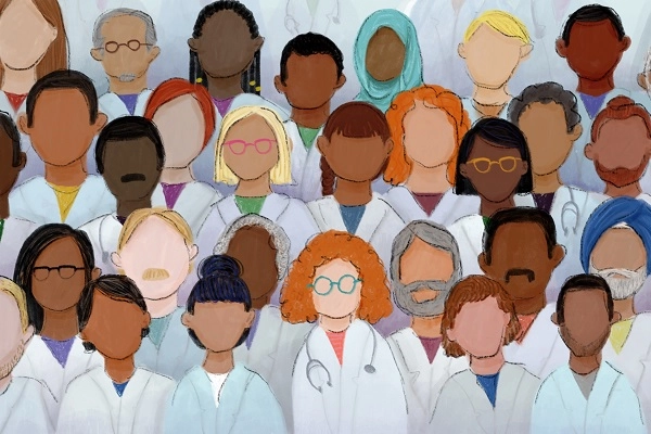 A cartoon illustration of doctors of many ethnicities.