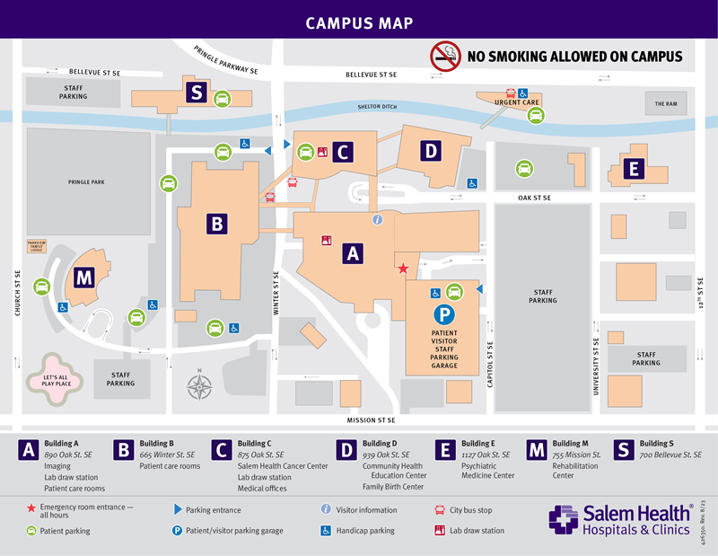 A map of the Salem Hospital campus showing alternate emergency routes due to construction.