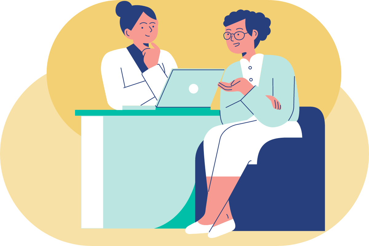 Cartoon illustration of a doctor meeting with a patient.