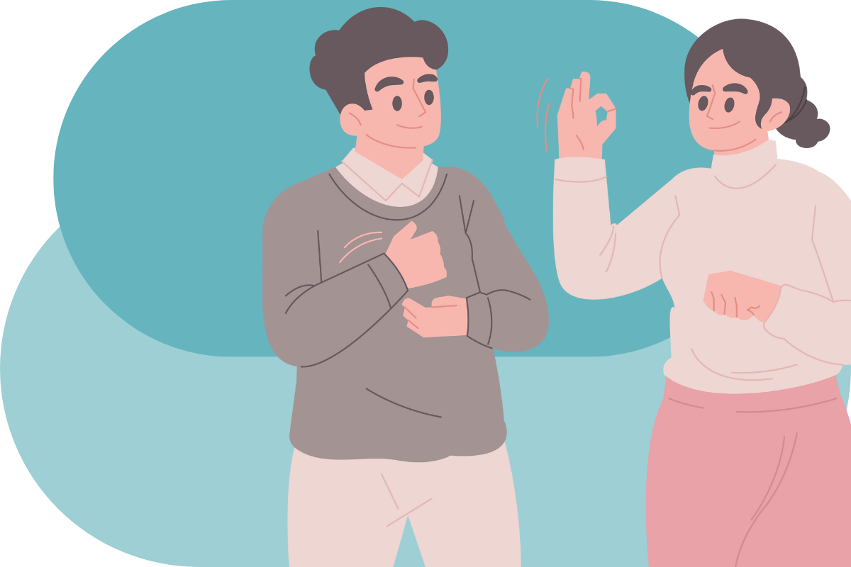 Cartoon illustration of a PA speaking ASL with a patient.