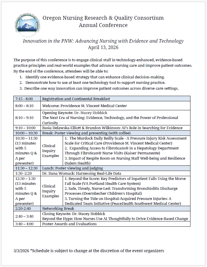 A screenshot of the ONRQC 2026 event schedule showing the topics of presentations.