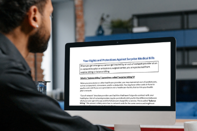 Man reading a document on a desktop computer screen.